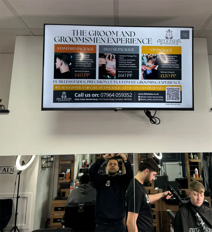 Advertise Your Business on Our 32-Inch Screen at Dilla Barbershop! ad space on Spiky Carrot